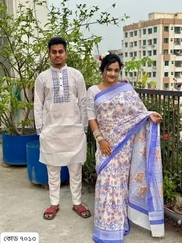 ঐতিহ্যবাহী ব্লক প্রিন্ট ধুপিয়ান সিল্ক কাপল কম্বো আউটফিট