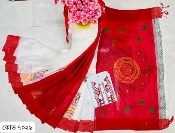 এক্সক্লুসিভ ধুপিয়ান সিল্ক ব্লক প্রিন্ট ও এমব্রয়ডারি ওয়ার্ক কাপল সেট (Dupian Silk Saree & Panjabi Couple Combo)